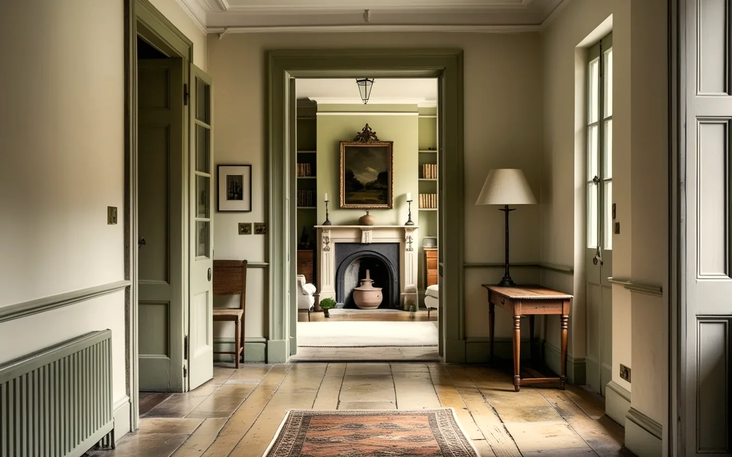 A refined Georgian hallway opening into a calm drawing room.